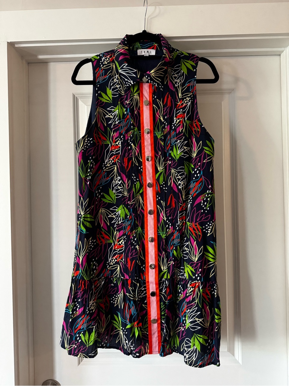 Sleeveless Navy Floral Button-Front Dress with Coral Trim